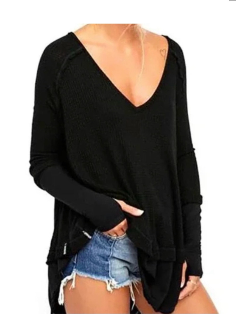 Free People Black V-Neck Oversized Waffle Weave Thermal Lightweight Top